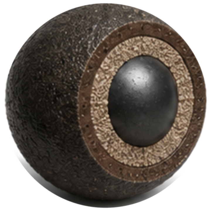 Cut-away render of a TERRAEUS bead showing the magnetic core, polydopamine interlayer and outer natural polyphenol layer