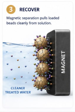 A magnet drawing loaded beads out of water, leaving cleaner treated water